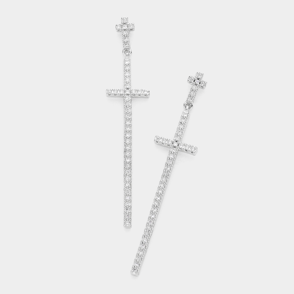 Silver CZ Crystal Double Dangle Cross Earrings 2" Drop Link Evening Jewelry